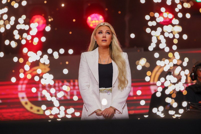 GLENDALE, ARIZONA - SEPTEMBER 21: Erika Kirk speaks during the memorial service for her husband, political activist Charlie Kirk at State Farm Stadium on September 21, 2025 in Glendale, Arizona. Kirk, the CEO and co-founder of Turning Point USA, was shot and killed on September 10th while speaking at an event during his "American Comeback Tour" at Utah Valley University. (Photo by Win McNamee/Getty Images)